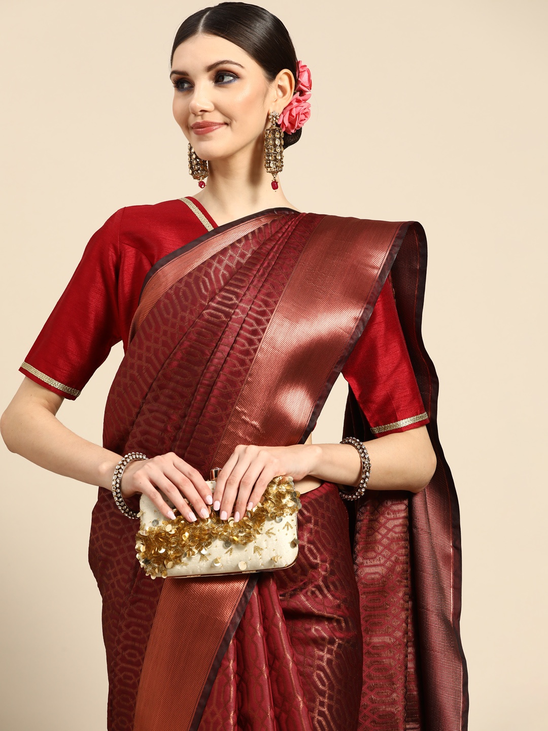 

Anouk Maroon Ethnic Motifs Silk Blend Banarasi Saree