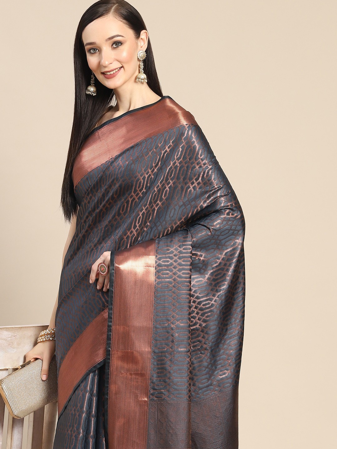 

Anouk Charcoal Grey & Rose Gold Woven Design Silk Blend Banarasi Saree