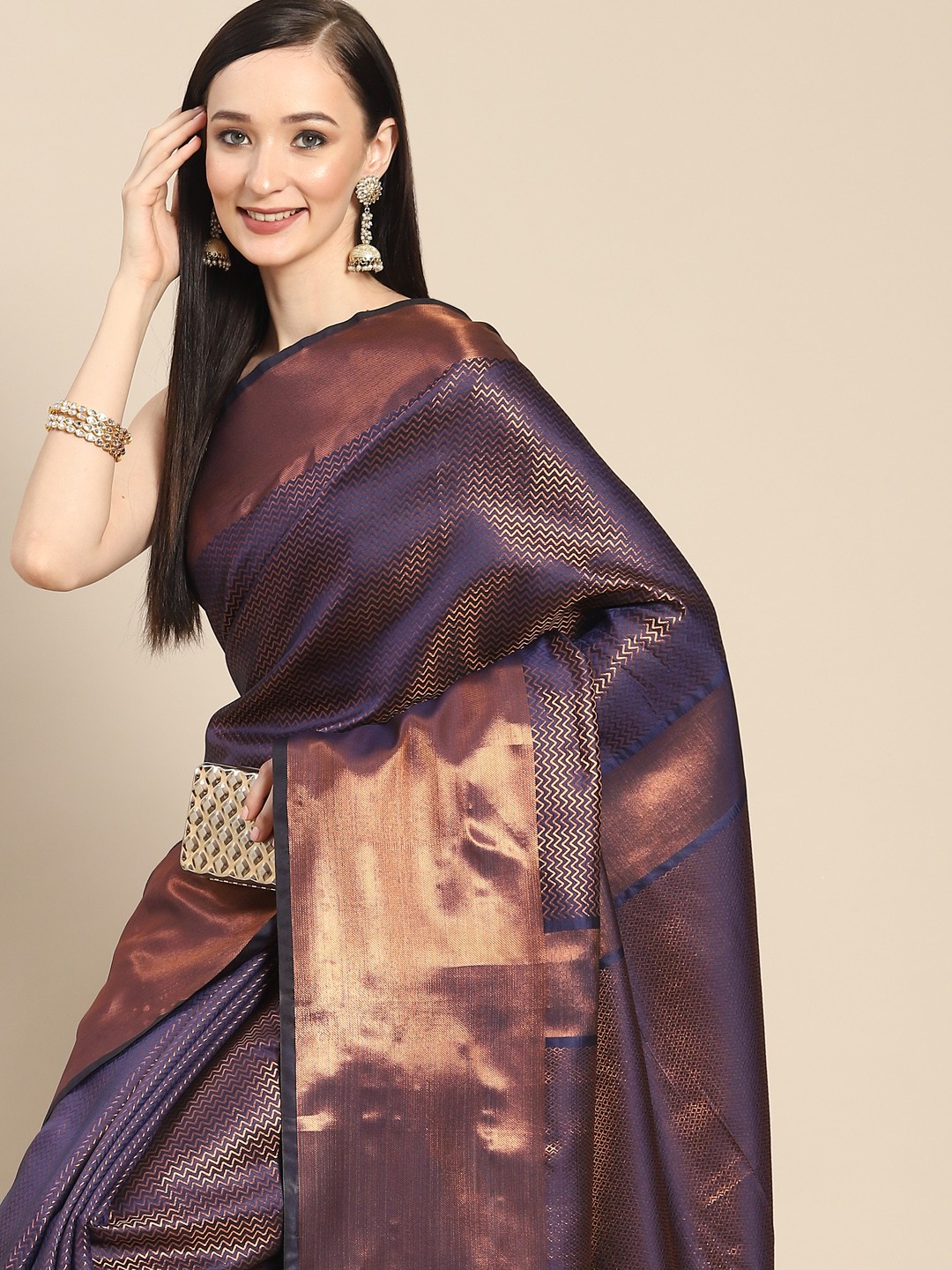 

Anouk Navy Blue & Rose Gold Woven Design Zari Silk Blend Banarasi Saree