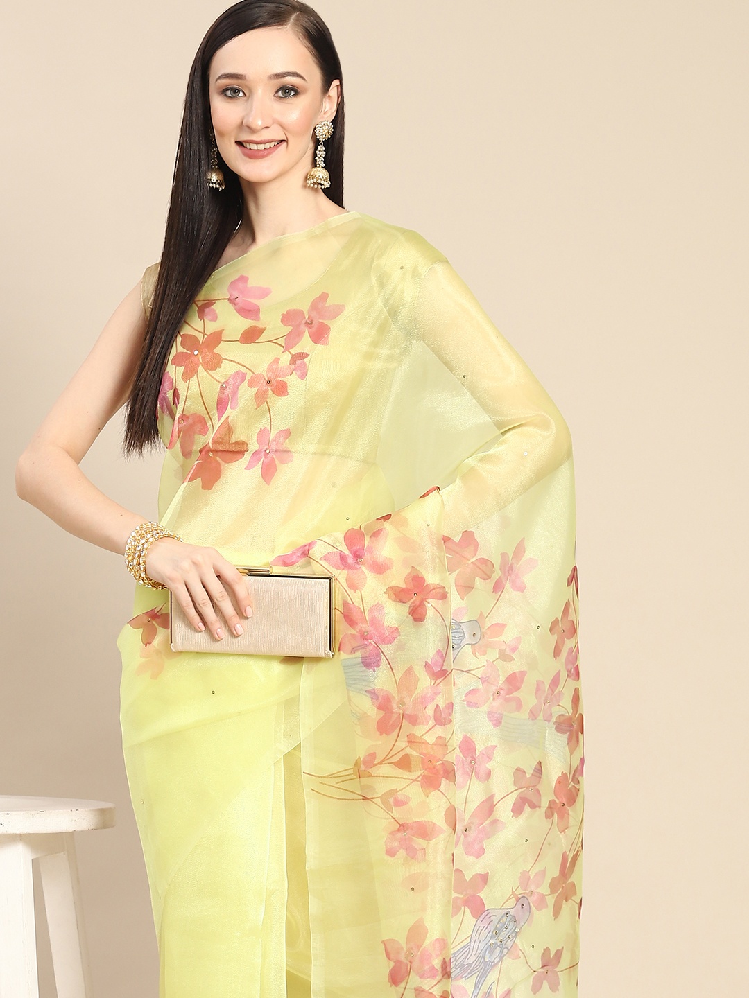 

Anouk Yellow & Pink Floral Sequinned Organza Saree