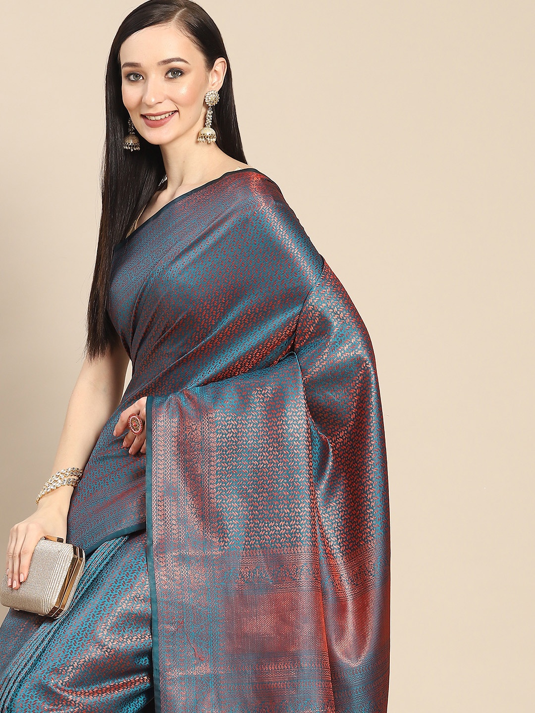 

Anouk Blue & Rose Gold Woven Design Silk Blend Banarasi Saree