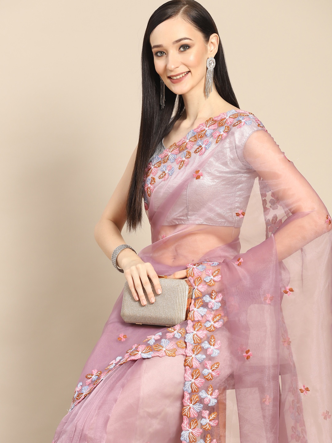 Anouk Violet & Pink Floral Organza Saree