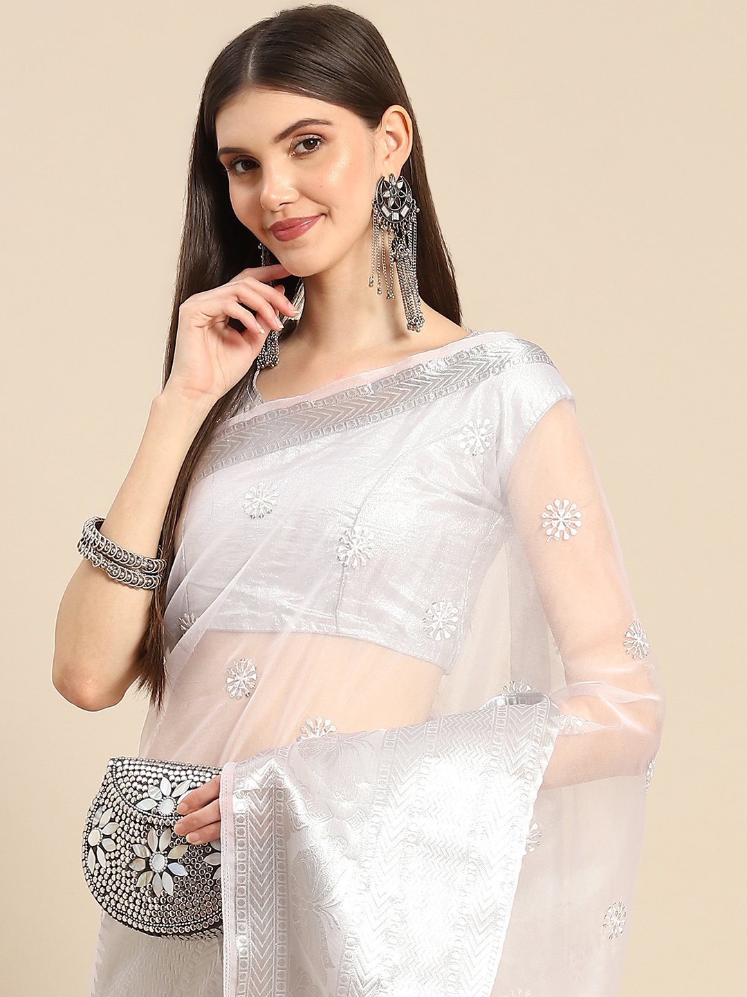 

Anouk Grey & Silver-Coloured Embellished Sequinned Organza Saree