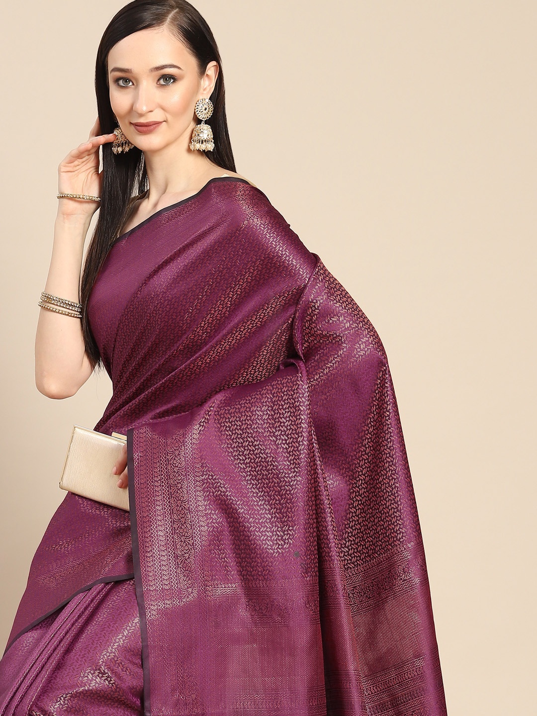 

Anouk Burgundy & Rose Gold Woven Design Zari Silk Blend Banarasi Saree