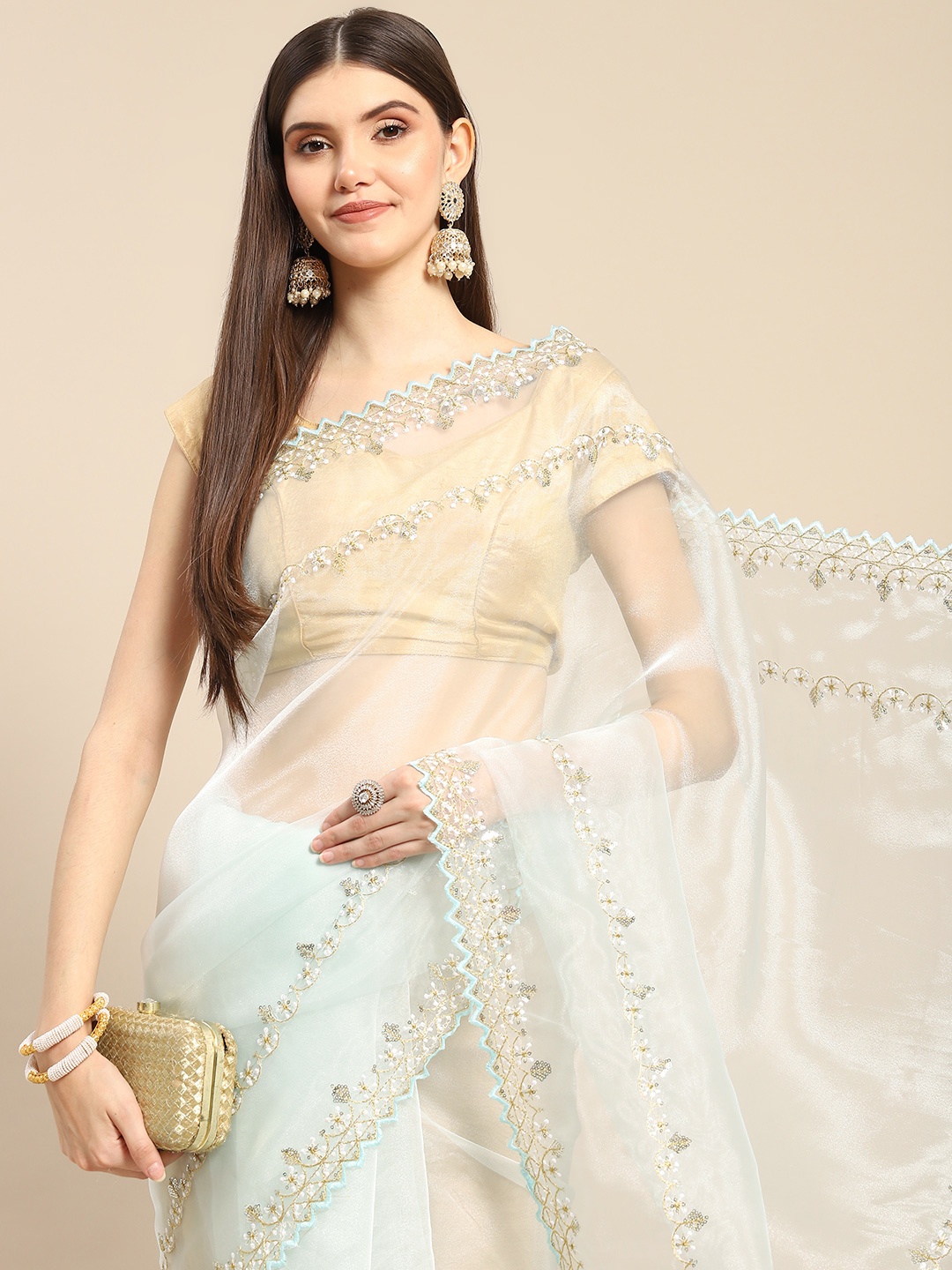 

Anouk Blue Sequinned Organza Saree With Embroidered Border