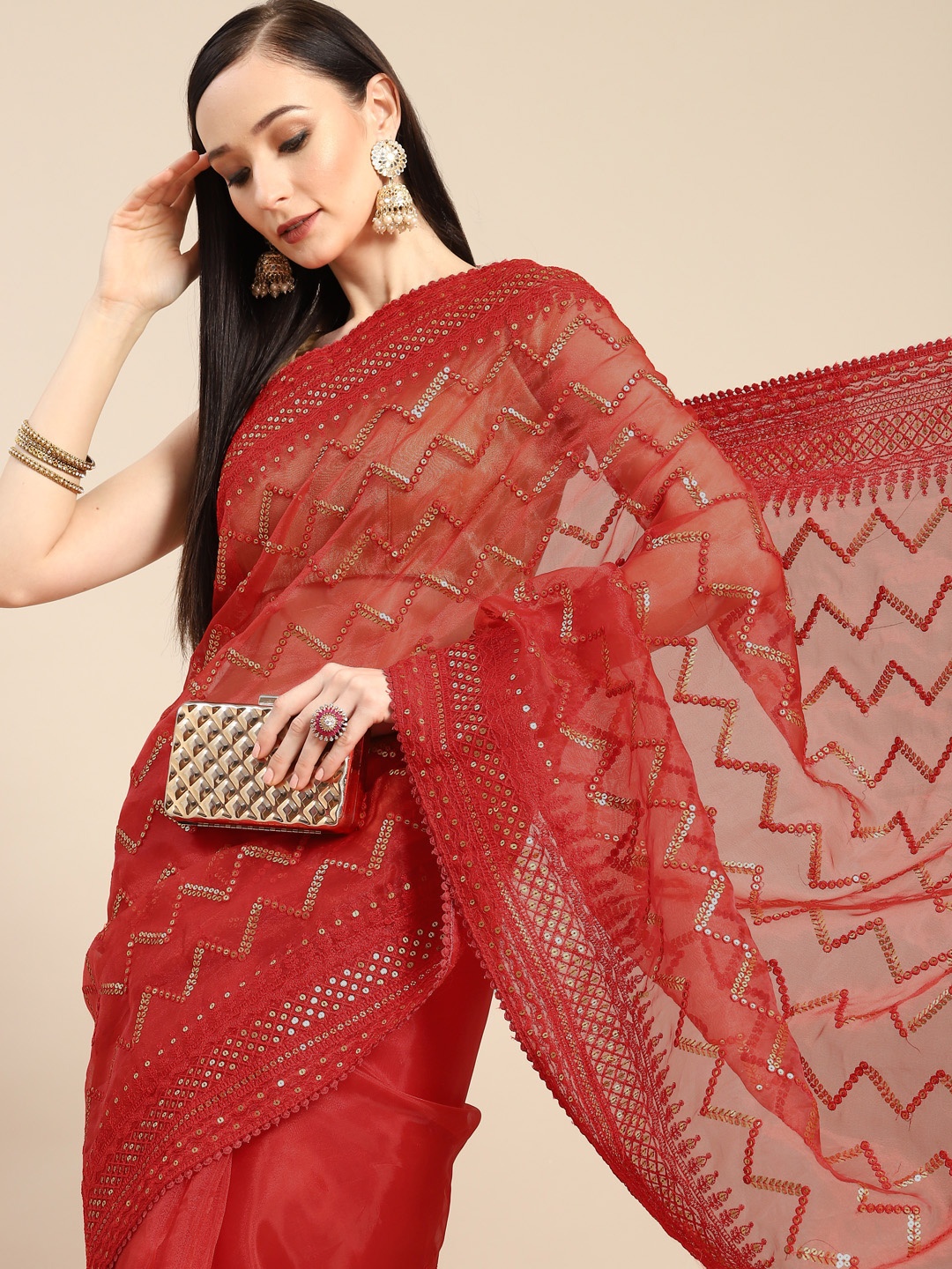 

Anouk Red Chevron Sequinned Organza Saree