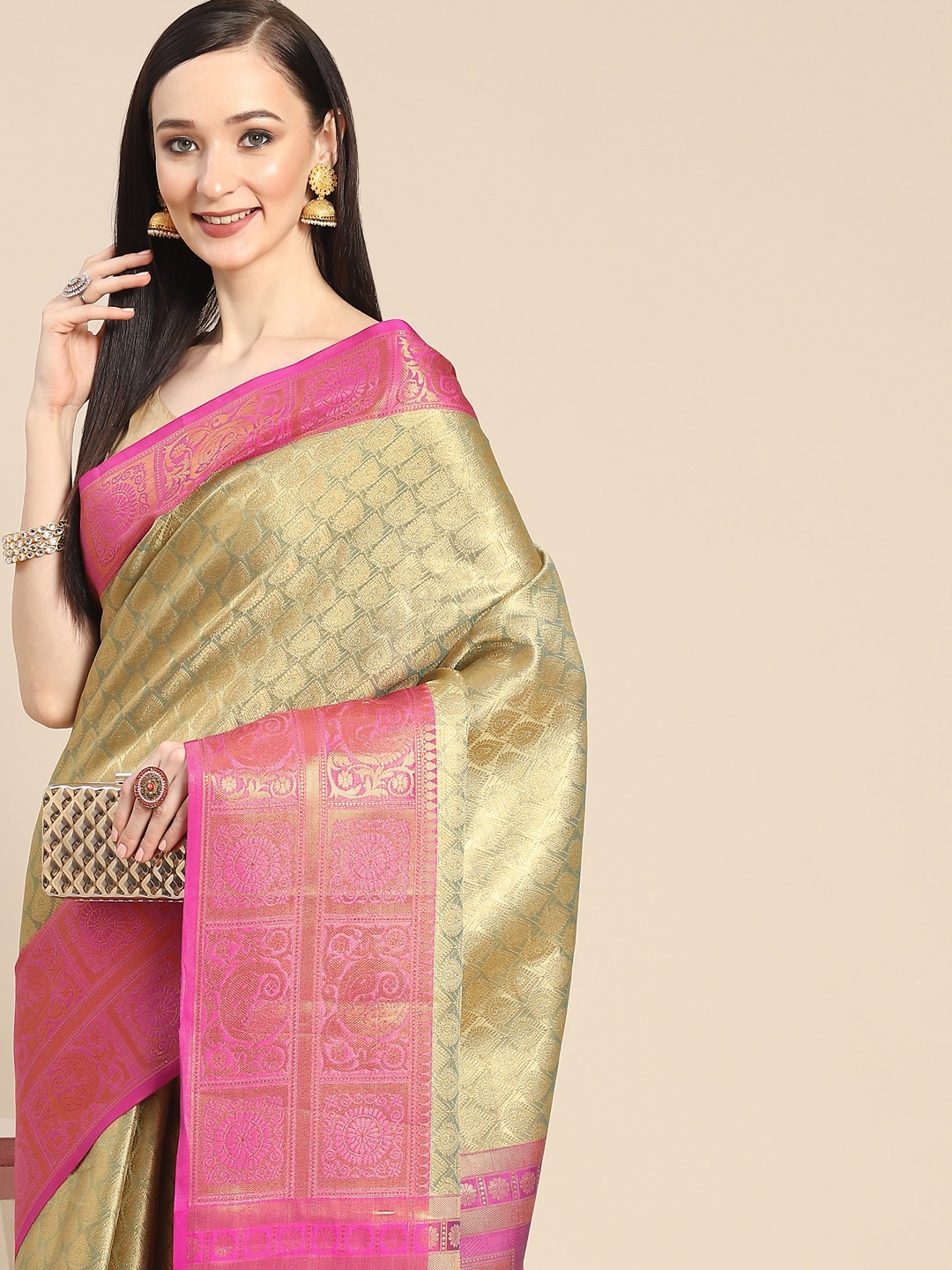 

Anouk Olive Green & Golden Ethnic Motifs Zari Silk Blend Banarasi Saree