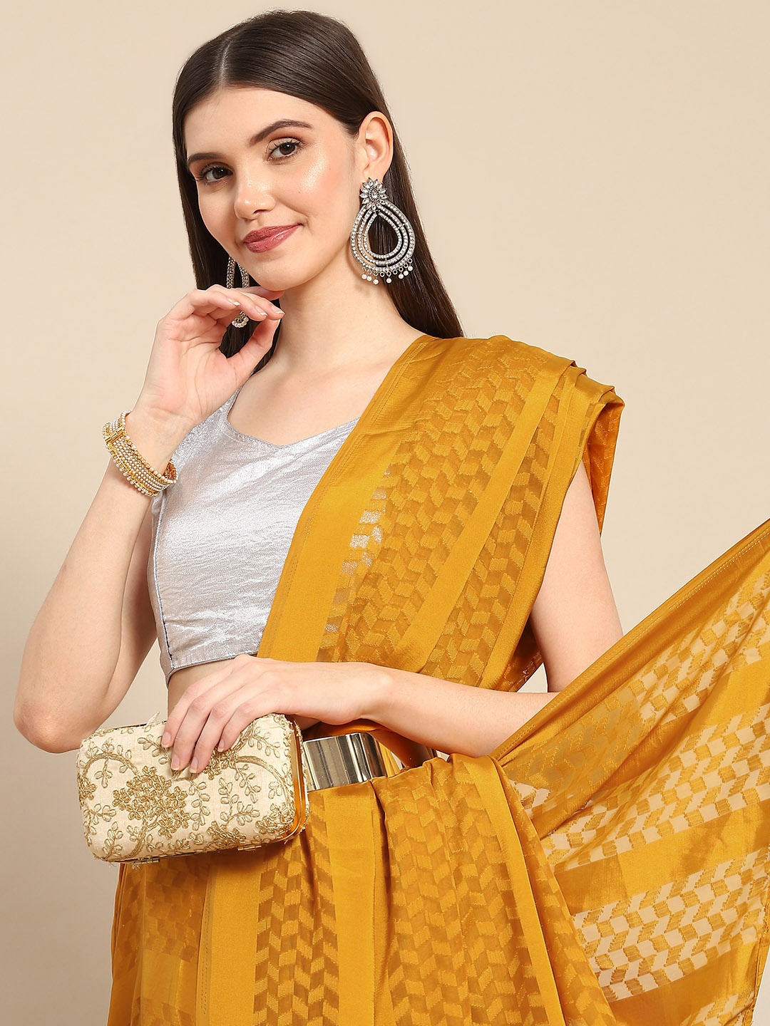 

Anouk Mustard Yellow Woven Design Satin Saree