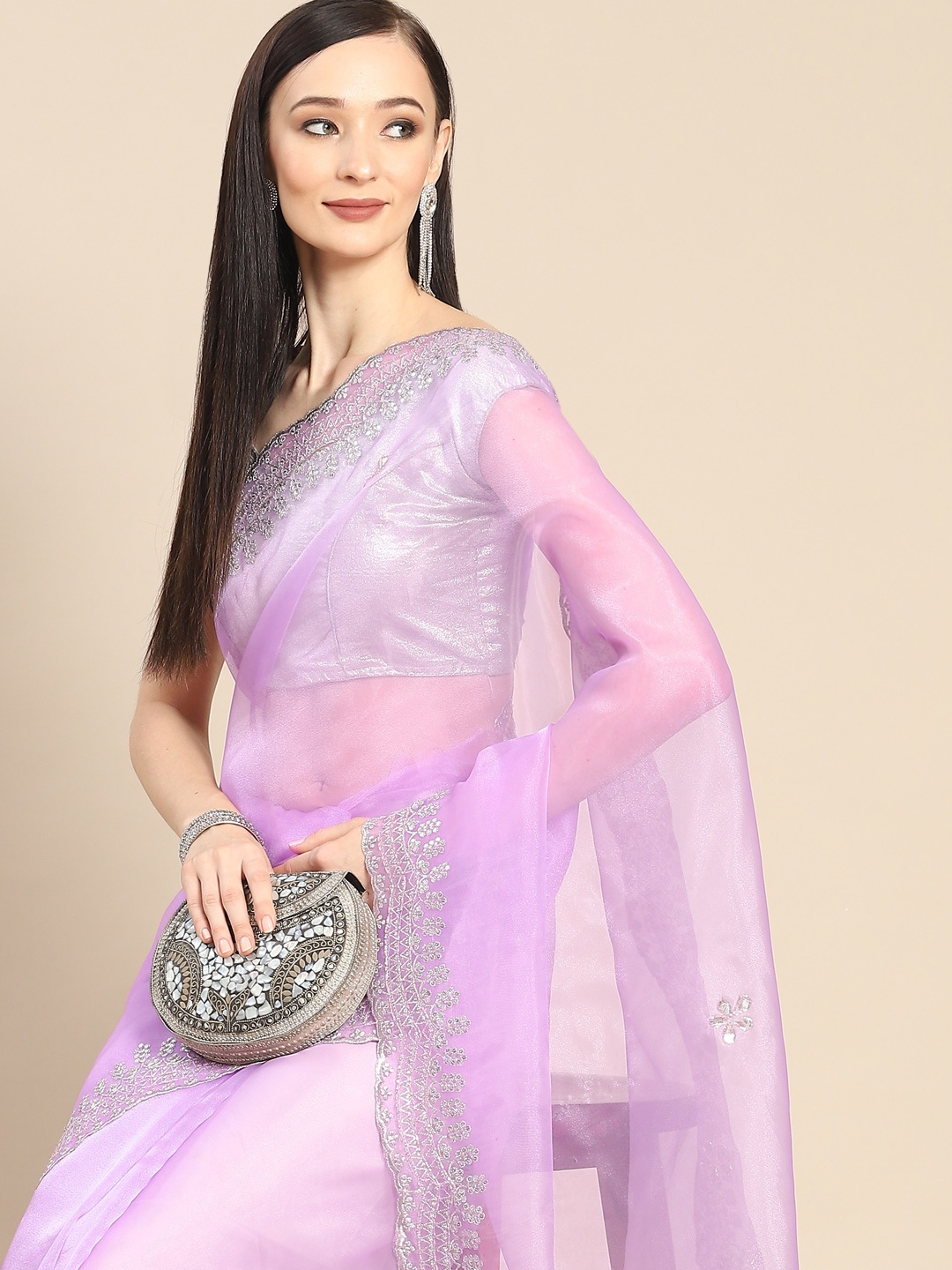 

Anouk Lavender & Silver-Coloured Sequinned Organza Saree