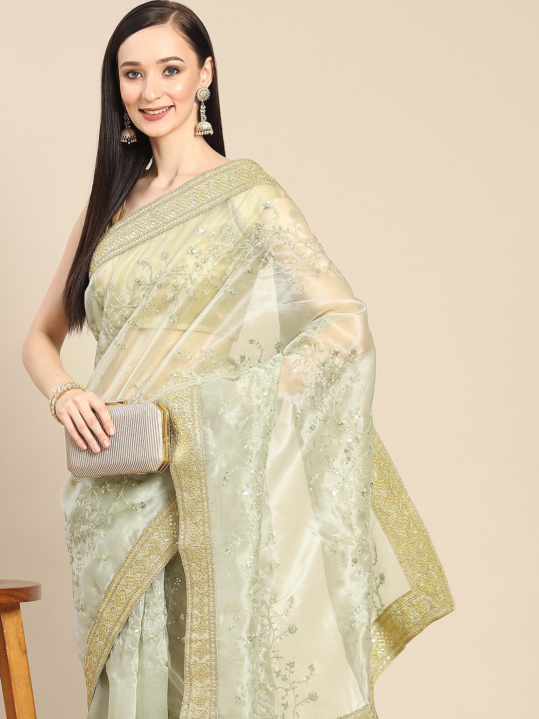 

Anouk Sea Green & Golden Floral Sequinned Organza Saree