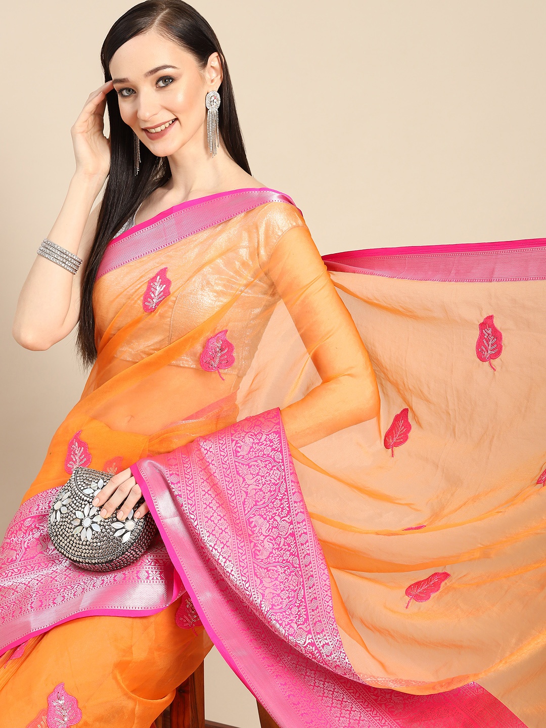 

Anouk Mustard Yellow Pink Floral Sequinned Organza Saree