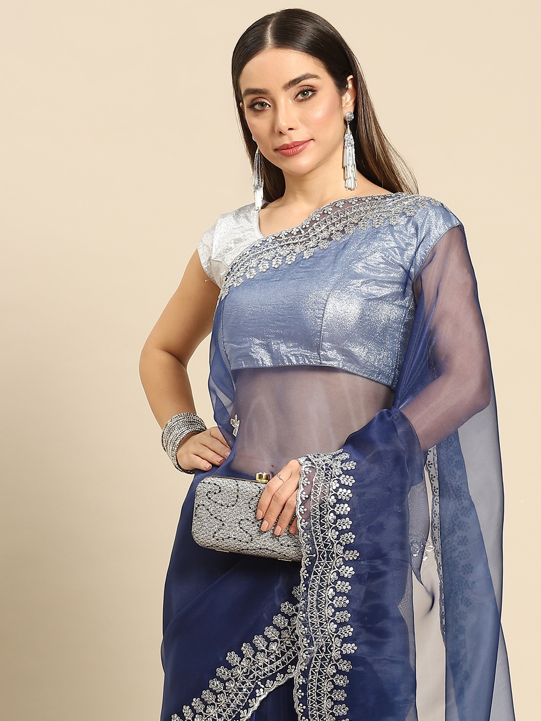 

Anouk Navy Blue & Silver-Toned Embroidered Organza Saree