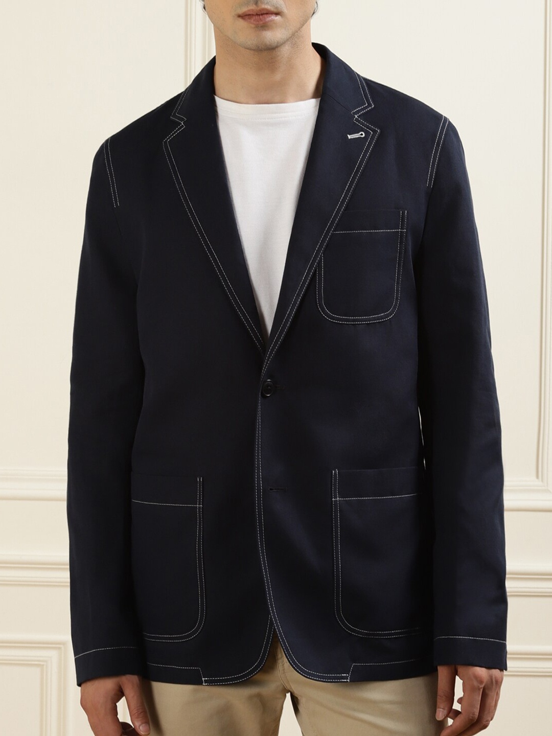 

Ted Baker Men Navy Blue Solid Contrast-Stitch Single Breasted Blazers