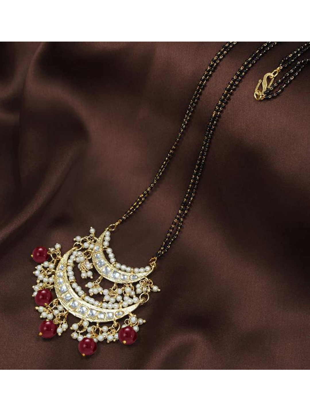 

I Jewels Gold-Plated Maroon Kundan Studded & Pearl Beaded Mangalsutra