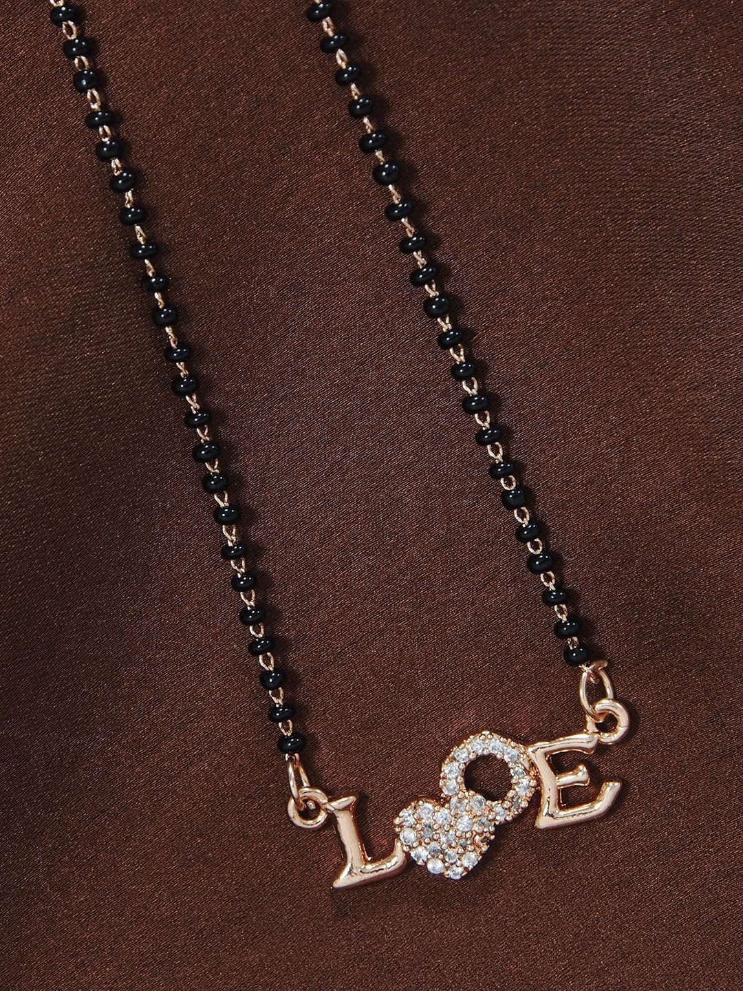

I Jewels Rose Gold-Plated White AD Studded Black Beads Mangalsutra