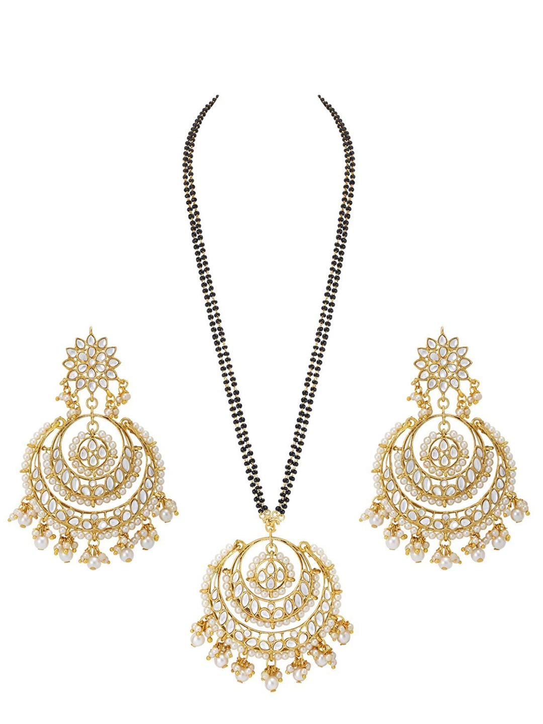 

I Jewels Gold-Plated Gold-Toned White Kundan Studded & Pearl Beaded Mangalsutra