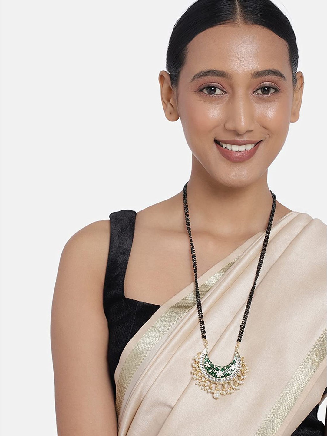 

I Jewels Gold-Plated Black Beaded & Pearl Studded Mangalsutra