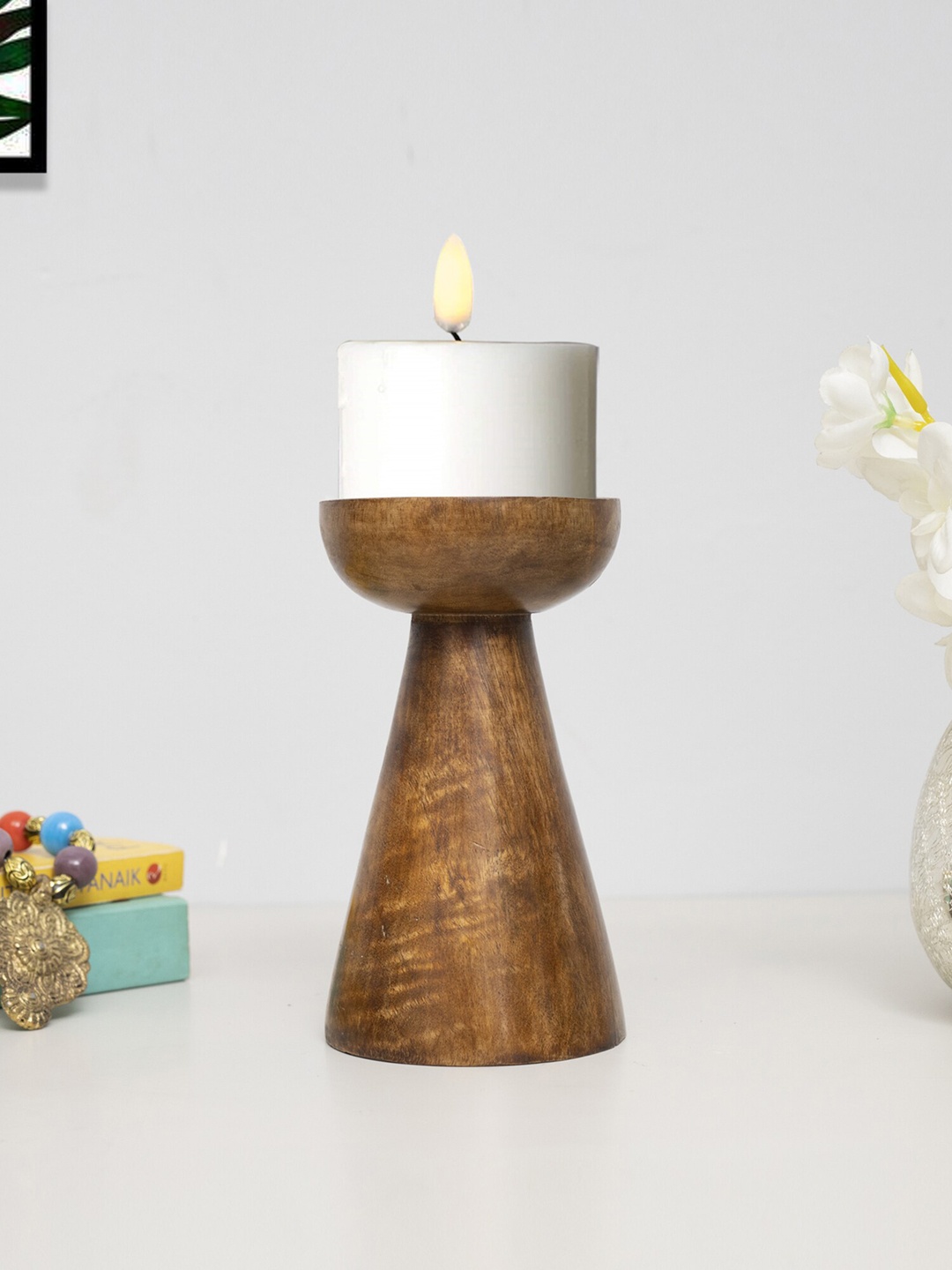

Homesake Brown Solid Antique Finished Walnut Wooden Pillar Candle Holders