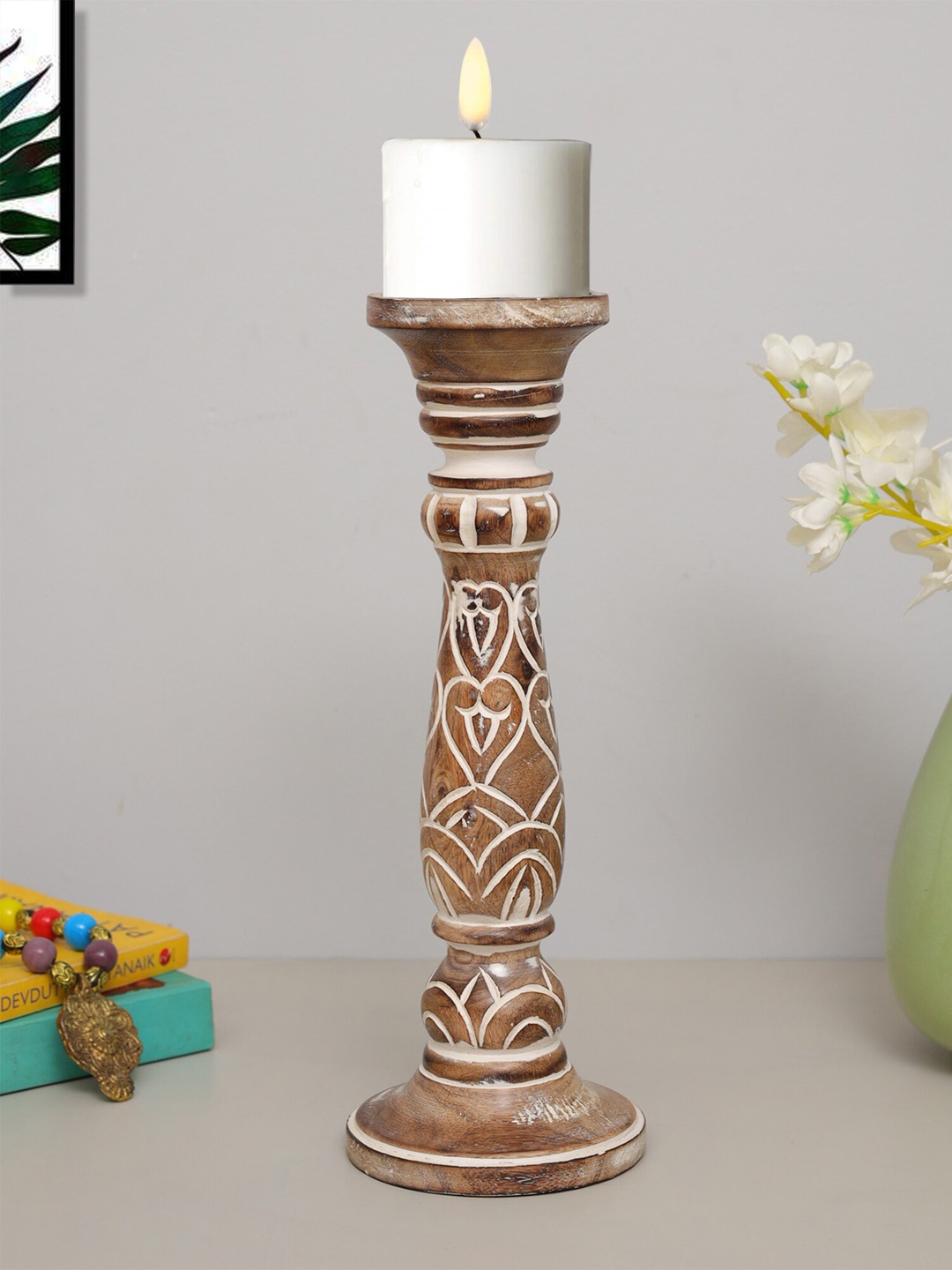 

Homesake Beige Antique Cerving Wooden Pillar Candle Stand