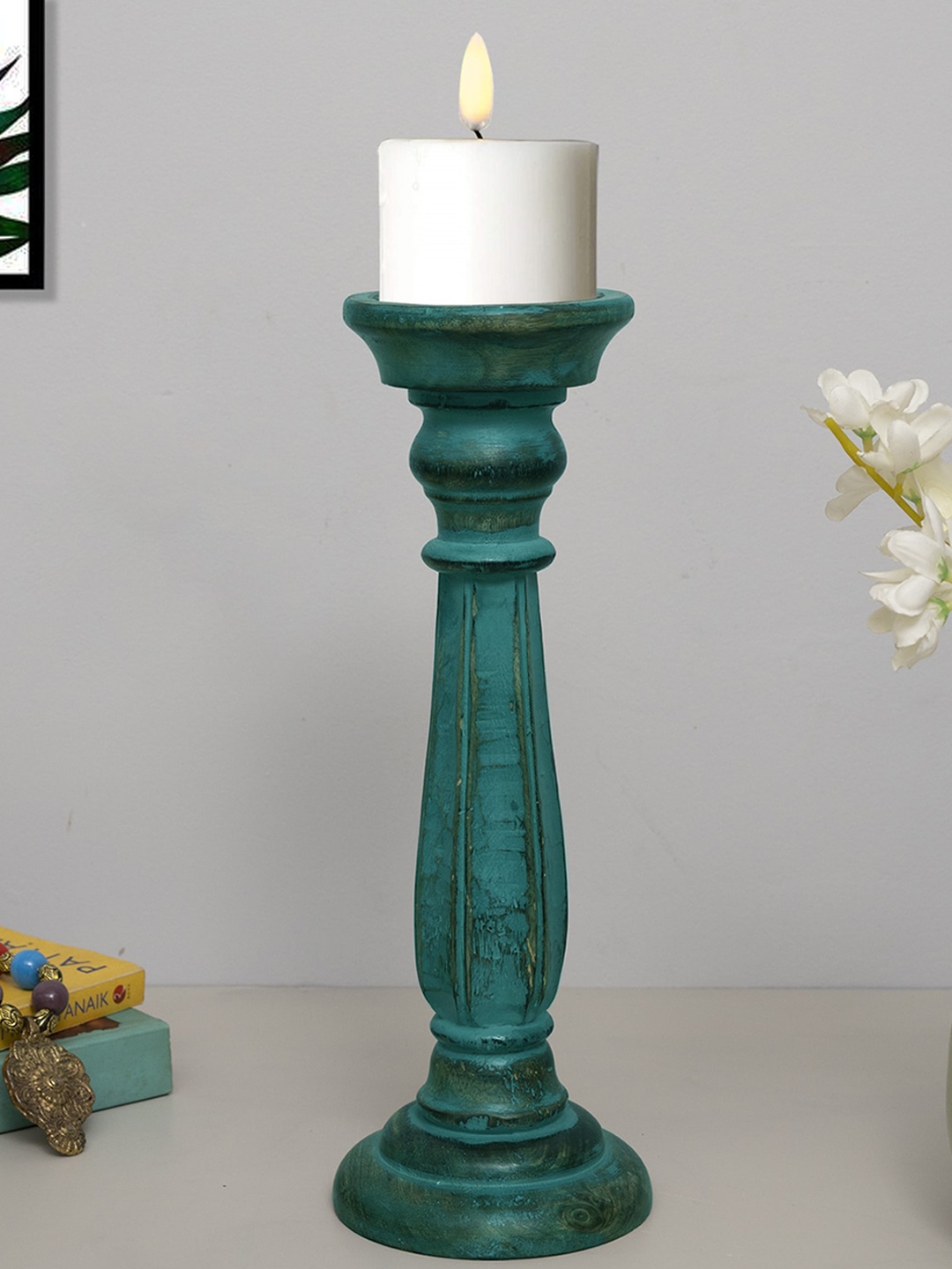 

Homesake Turquoise Blue Wooden Pillar Candle Stand