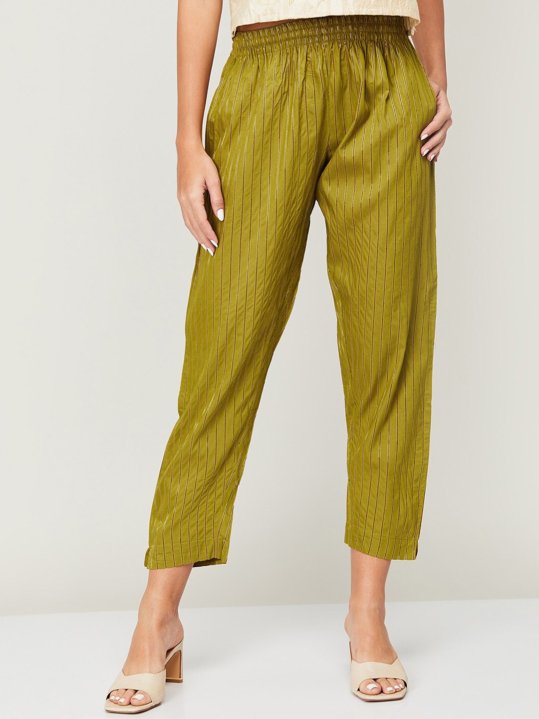 

Melange by Lifestyle Women Green Striped Trouser