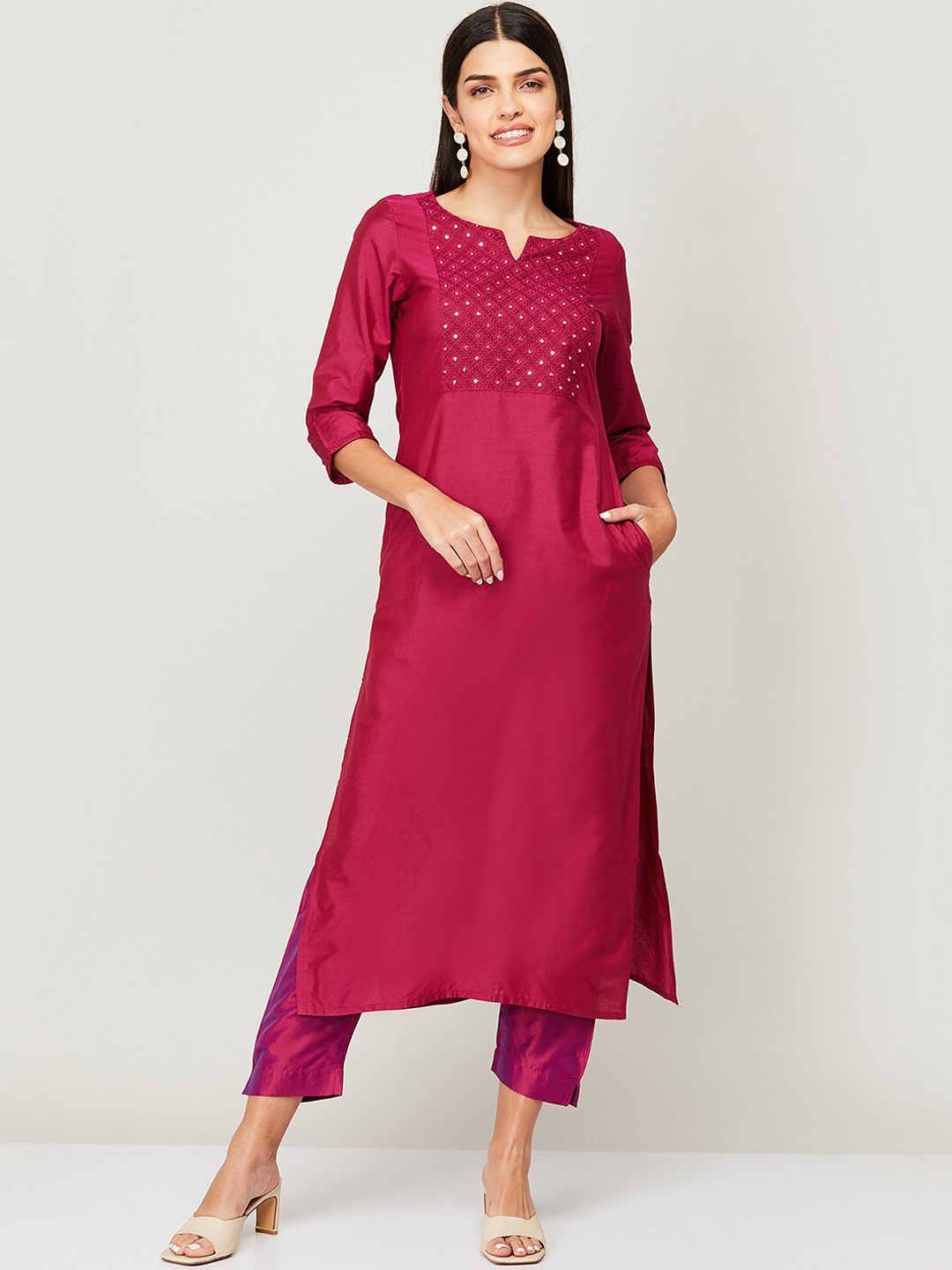 

Melange by Lifestyle Women Pink Yoke Design Mirror Work Kurta
