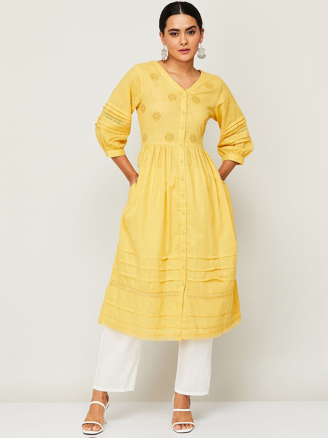 

Melange by Lifestyle Women Yellow Embroidered Thread Work Anarkali Kurta