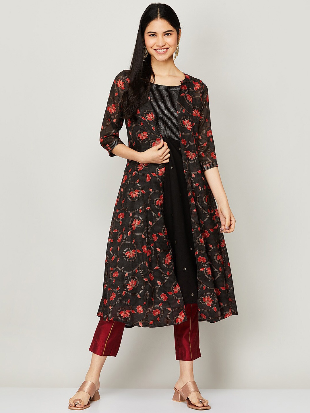 

Melange by Lifestyle Women Black Floral Printed Thread Work Kurta