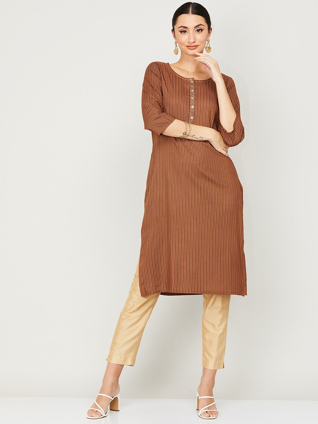 

Melange by Lifestyle Women Brown Thread Work Kurta