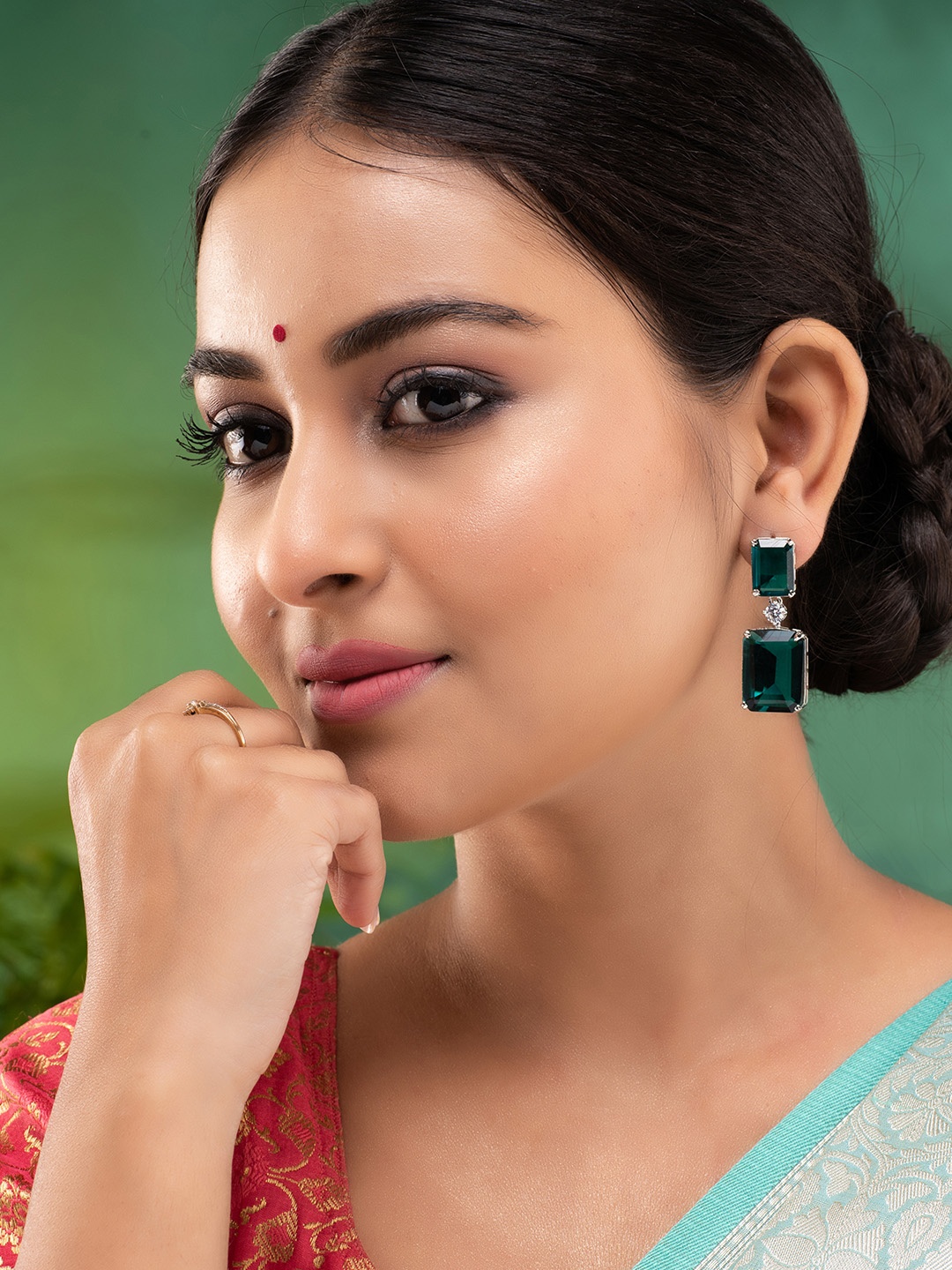 

Saraf RS Jewellery Silver-Plated Green Square Drop Earrings