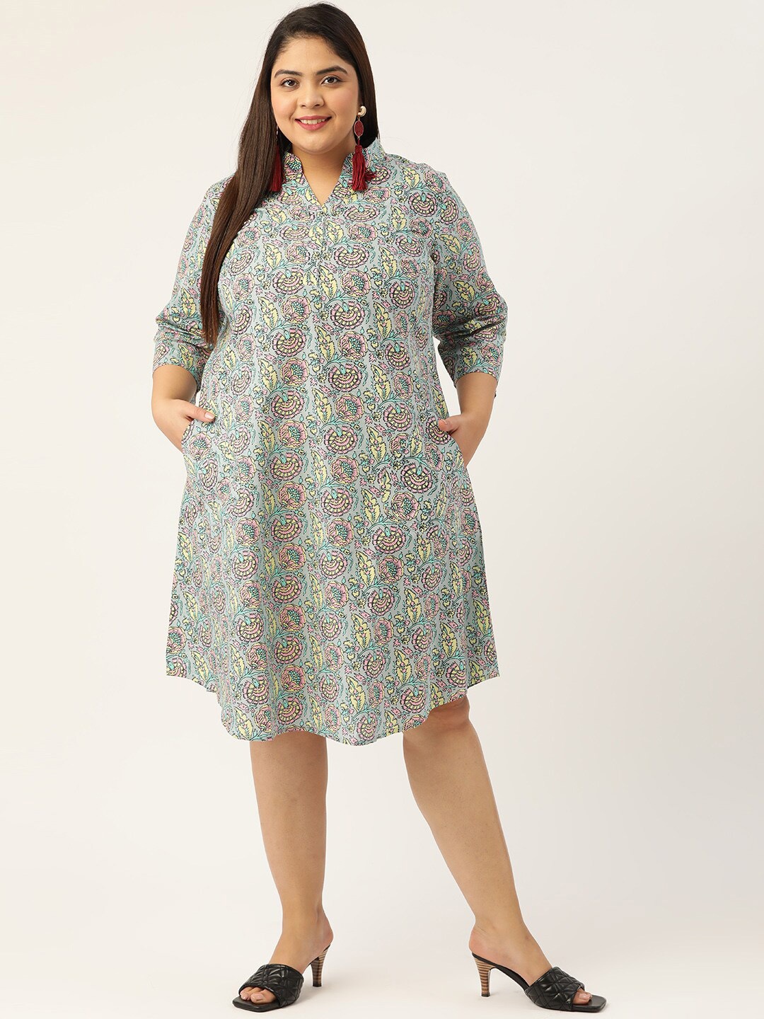 

theRebelinme Plus Size Women's Grey & Pink Floral Printed A-Line Midi Dress