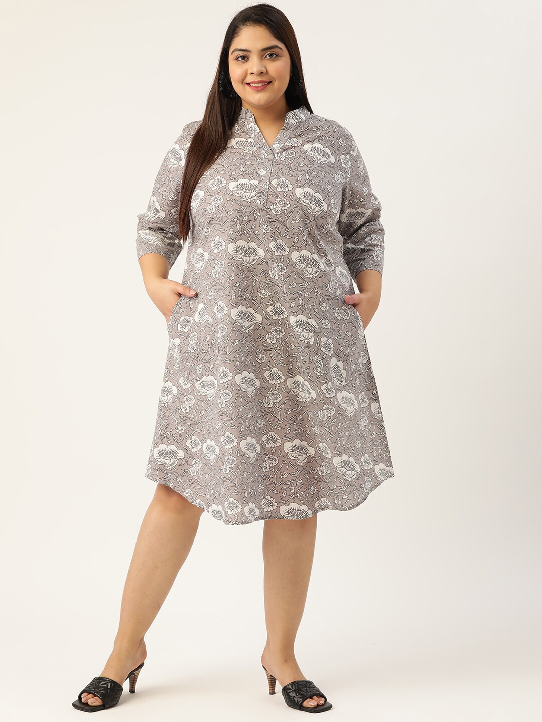 

theRebelinme Plus Size Grey Floral Pure Cotton Sheath Dress