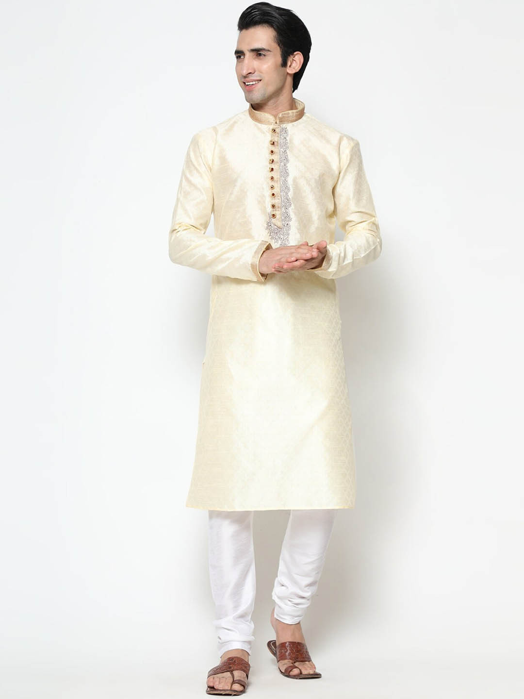 

COCOI LIFESTYLE Men Cream-Coloured Ethnic Motifs Dupion Silk Kurta with Churidar