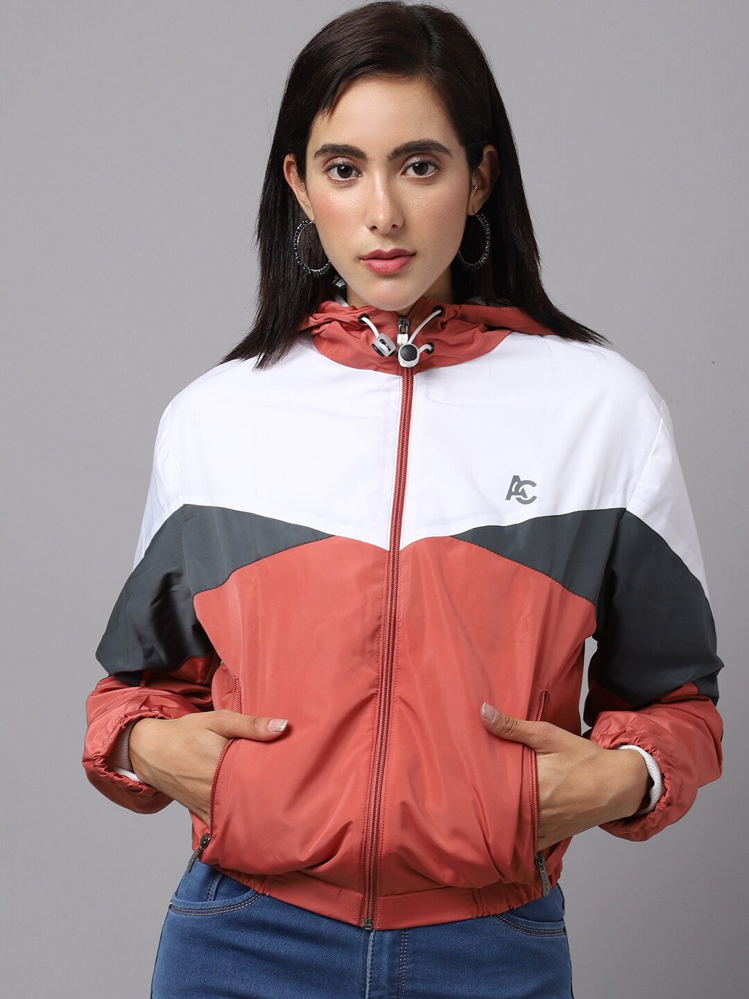 

ANTI CULTURE Women Rust White Colourblocked Windcheater Bomber Jacket