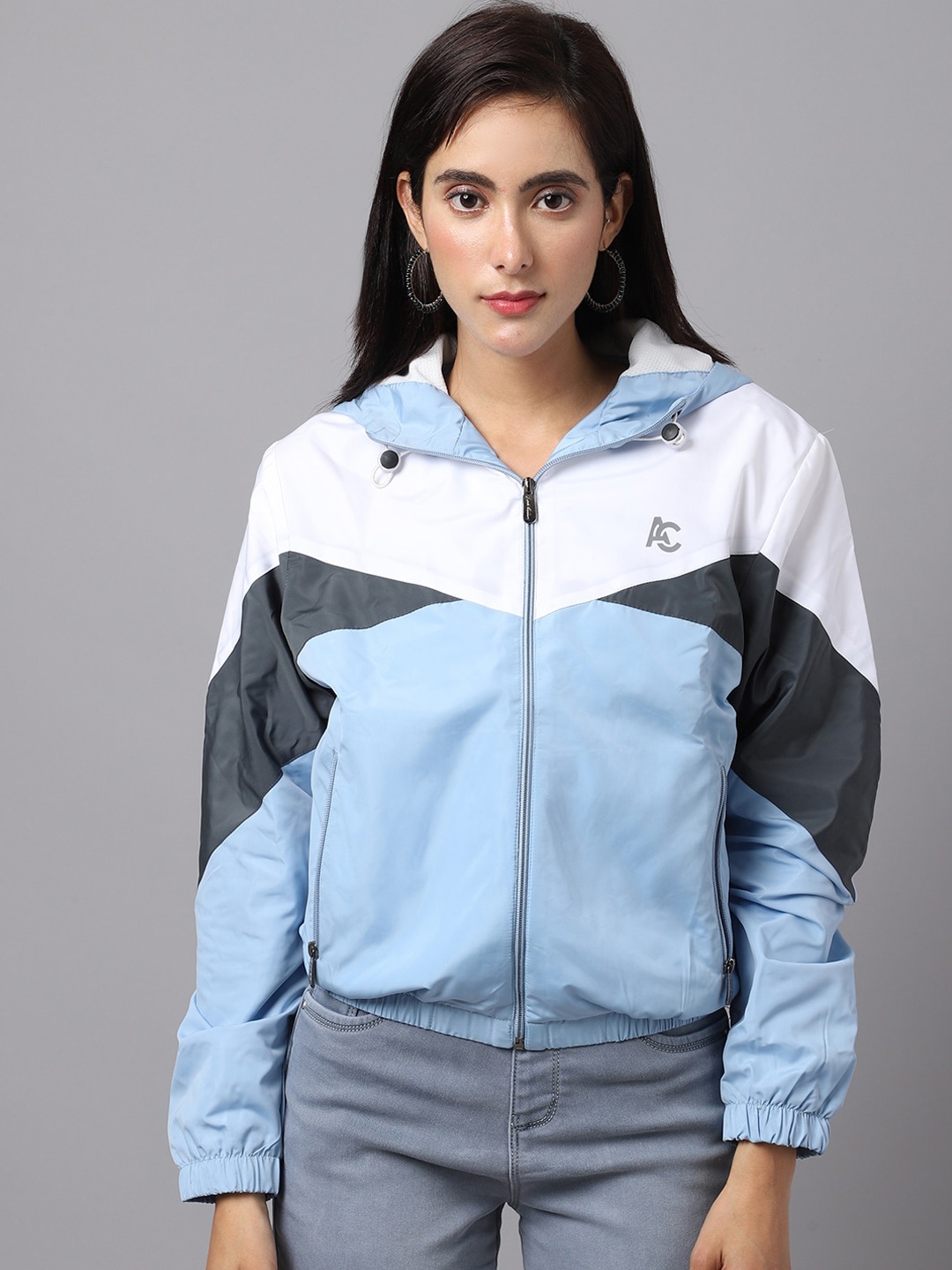 

ANTI CULTURE Women Blue & White Colourblocked Bomber Jacket