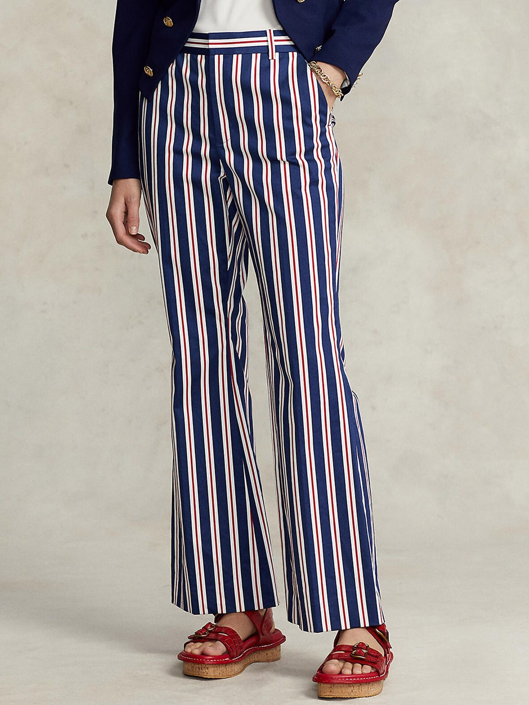 

Polo Ralph Lauren Women Blue Striped Loose Fit High-Rise Trousers