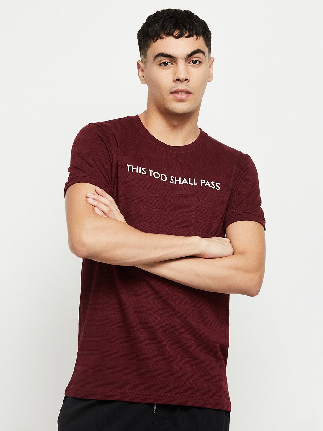 

Max Men Burgundy Typography Printed T-shirt