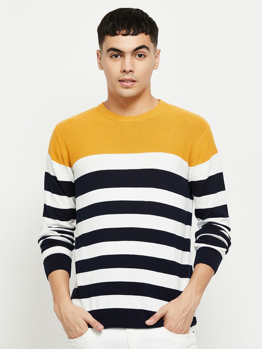 

max Men Yellow Striped Extended Sleeves T-shirt