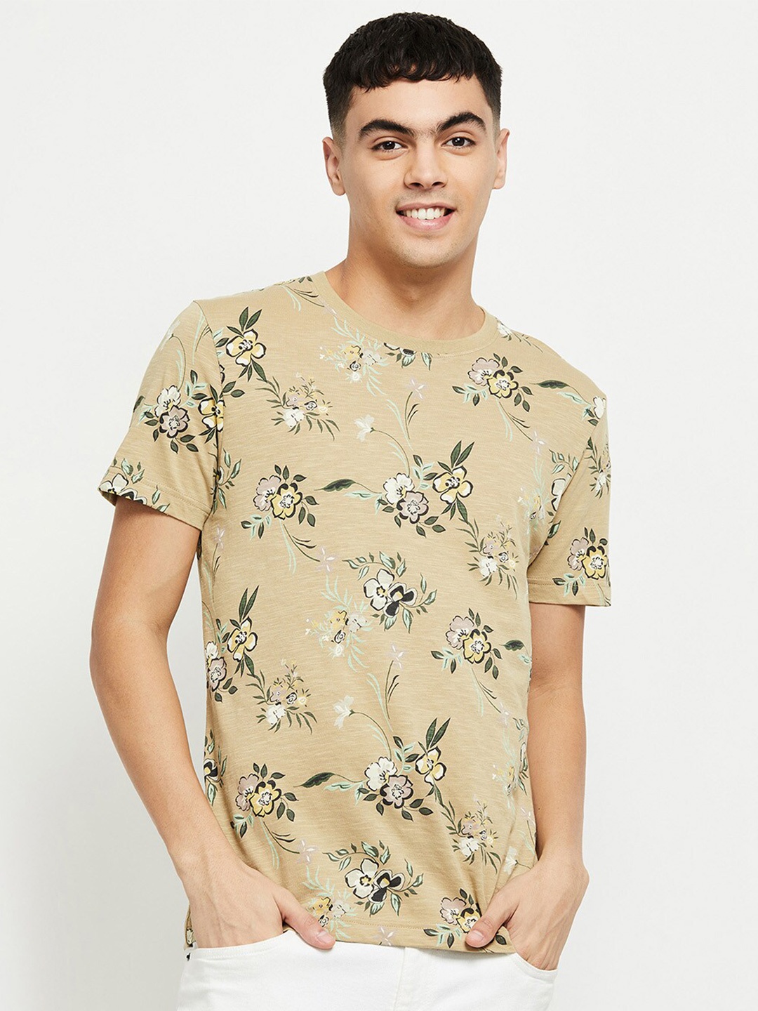 

max Men Green Floral Printed T-shirt, Khaki