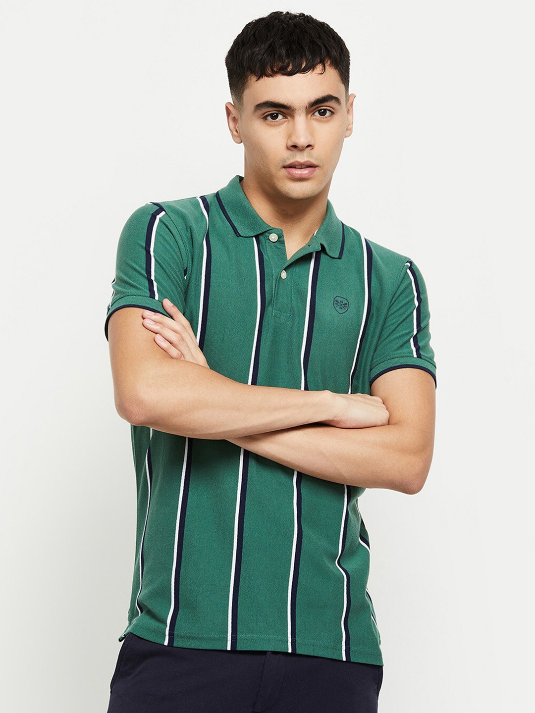 

max Men Green & Black Striped Polo Collar T-shirt