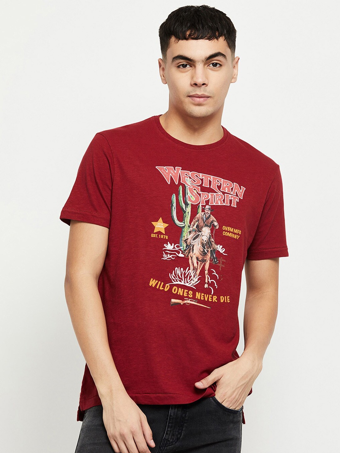 

max Men Red Printed Cotton T-shirt