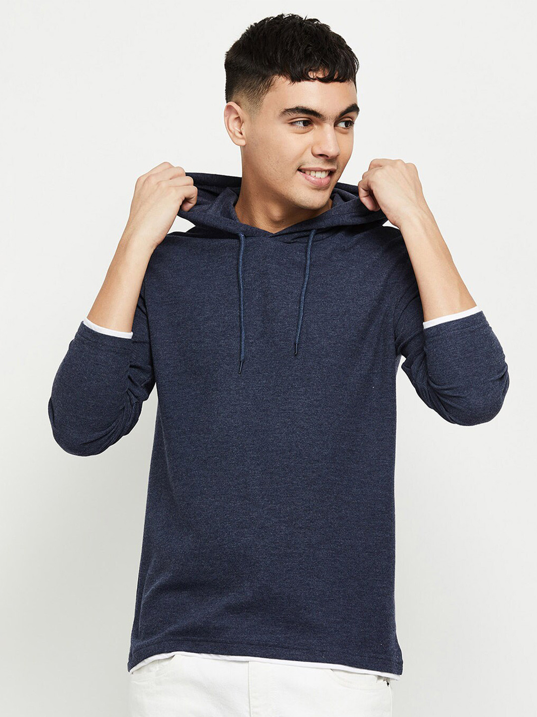 

max Men Navy Blue Cotton Hooded T-shirt
