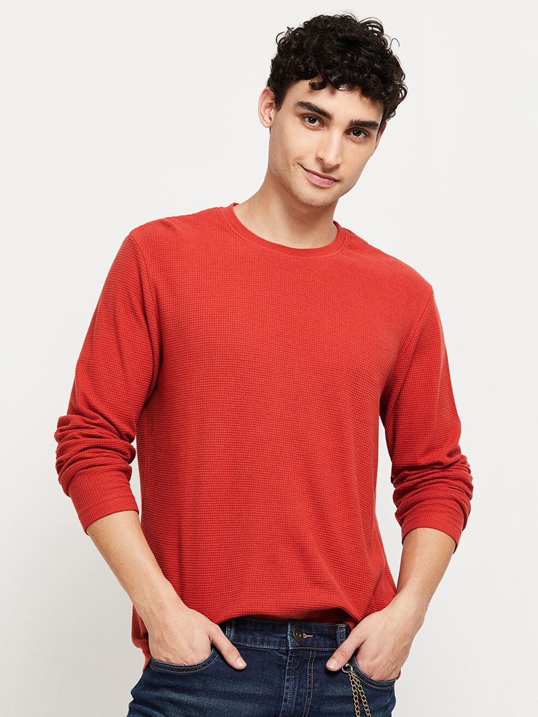 

max Men Red Casual Full Sleeves Pure Cotton T-shirt