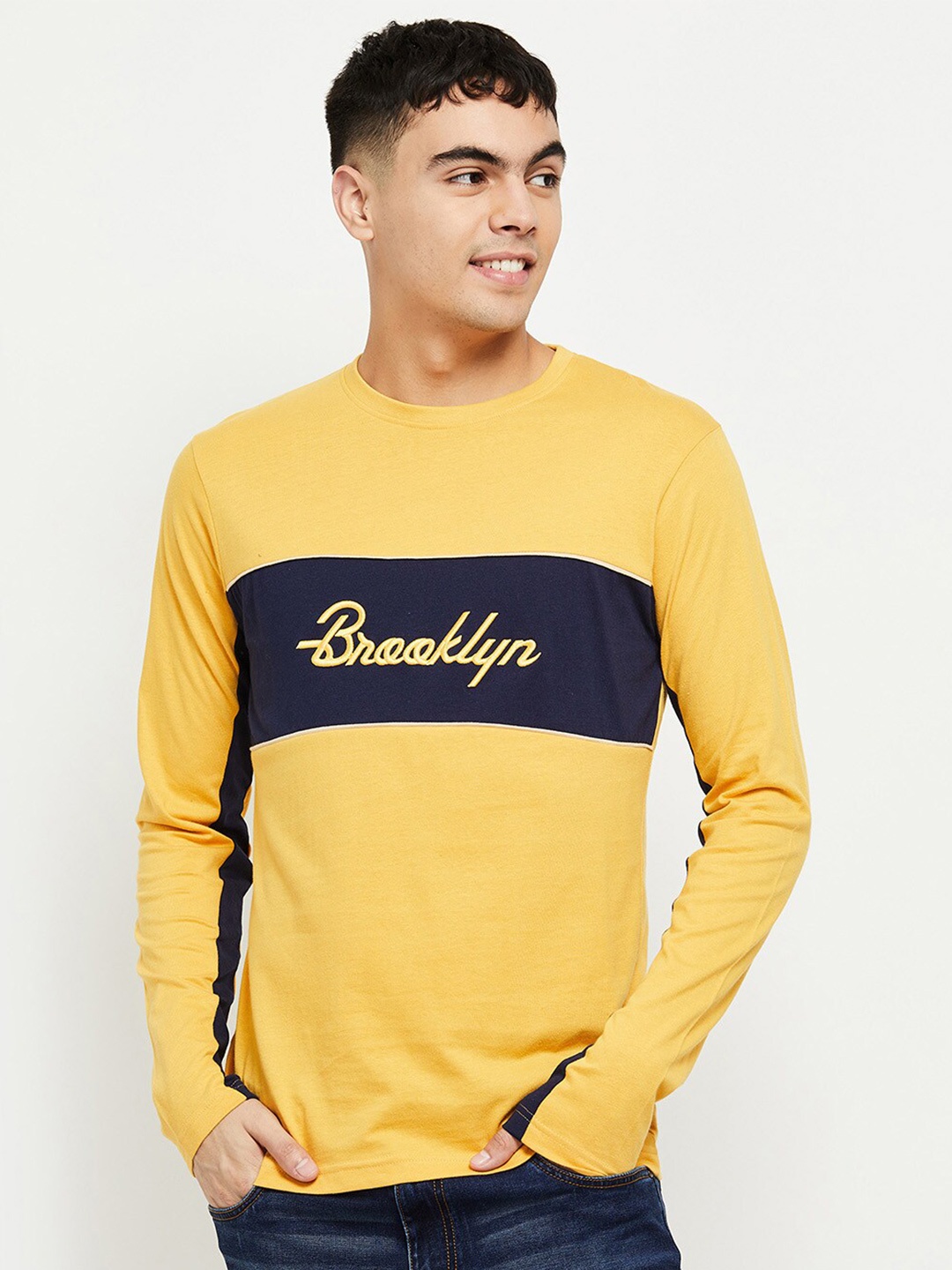 

max Men Yellow & Blue Typography Printed Colourblocked T-shirt
