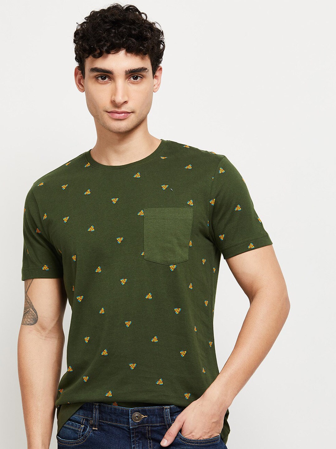 

max Men Green Printed Cotton T-shirt