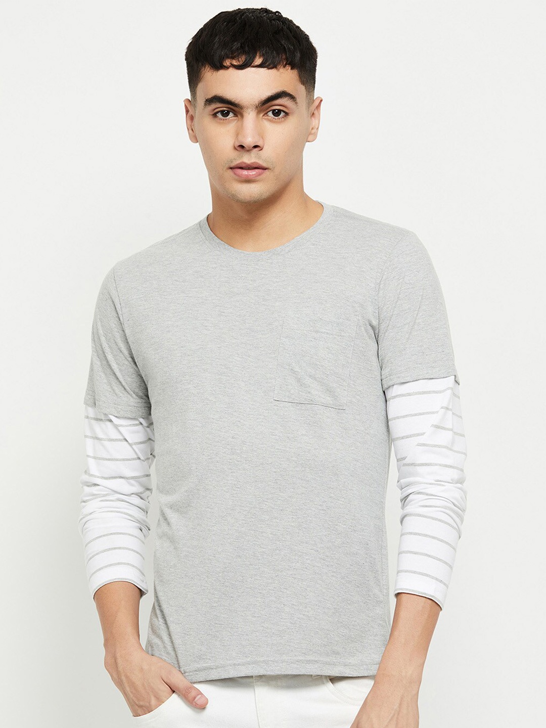 

max Men Grey Melange Striped T-shirt