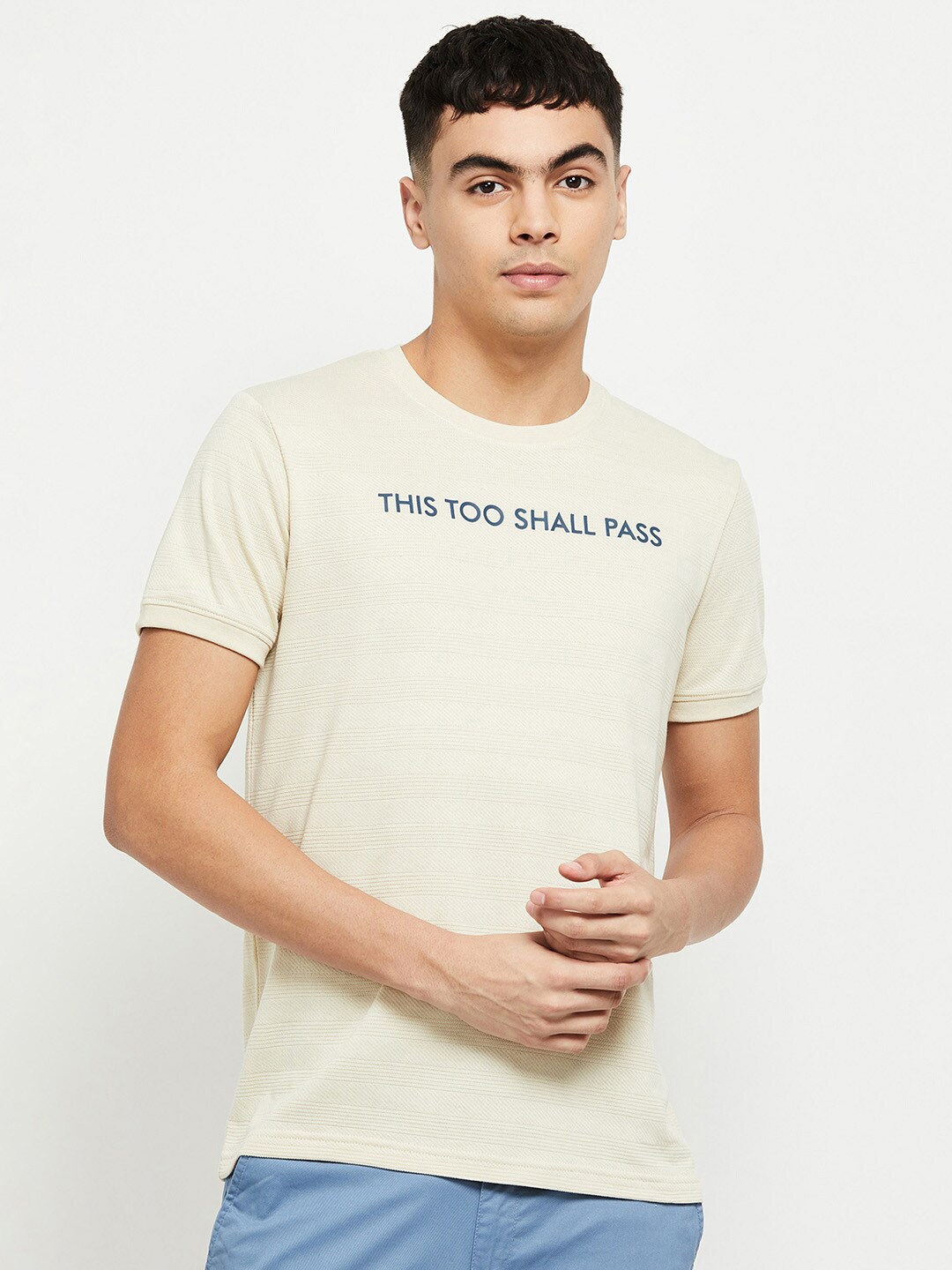 

max Men Beige Typography Printed T-shirt