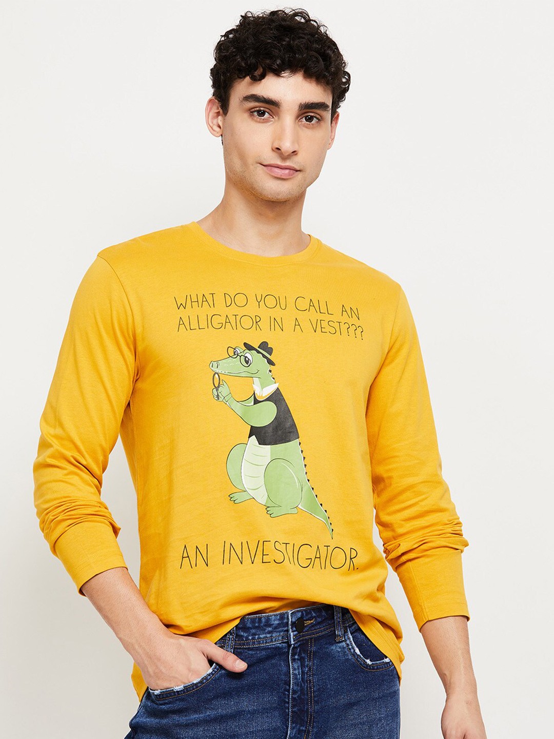 

max Men Yellow Typography Printed Cotton T-shirt