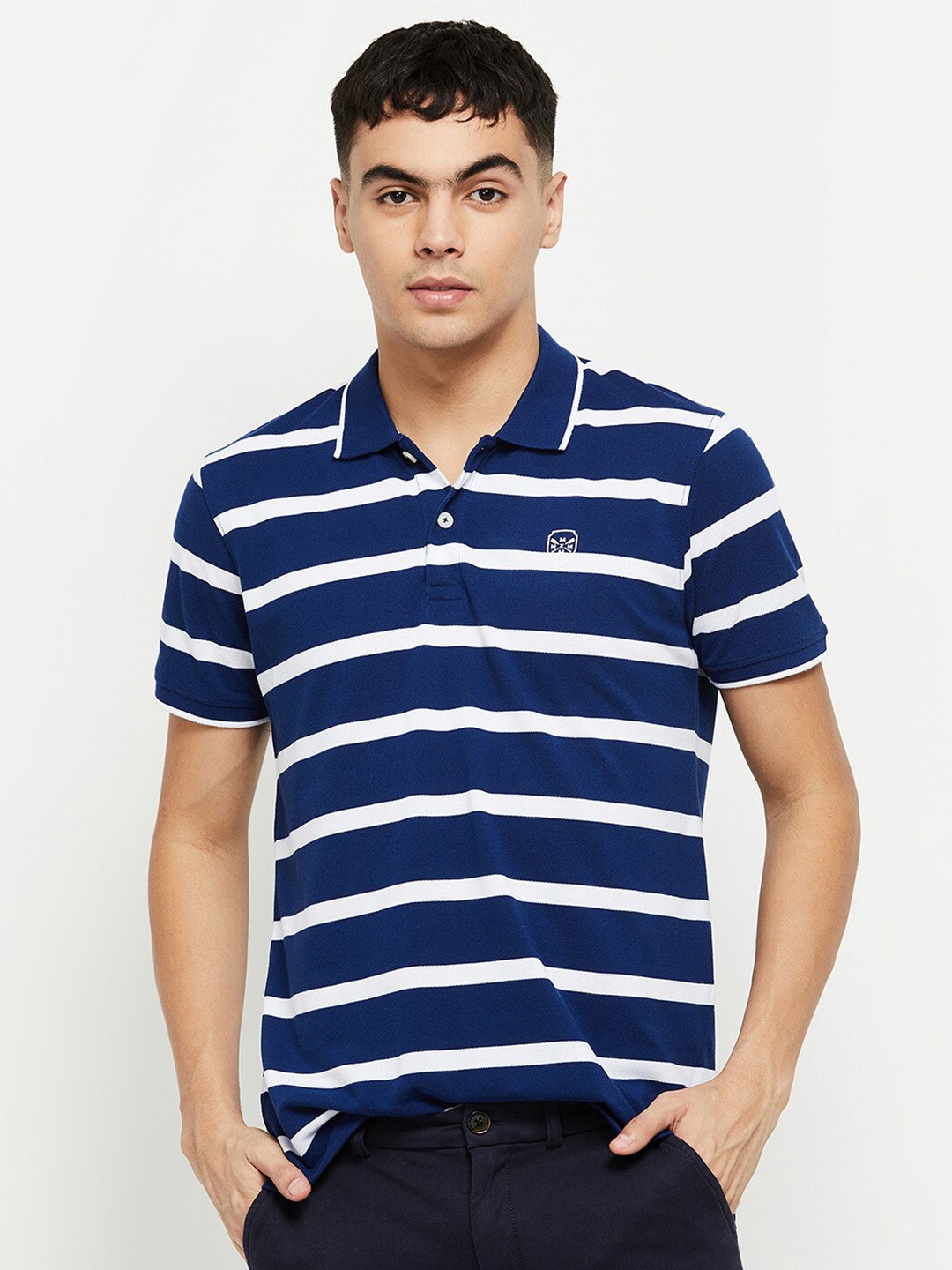 

max Men Blue Striped Polo Collar T-shirt
