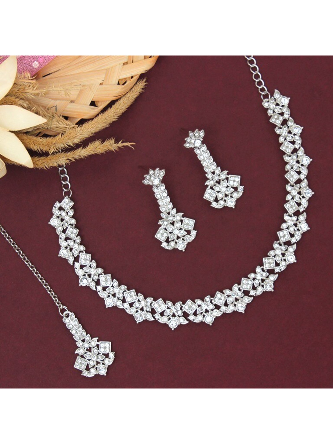 

Atasi International Silver-Plated White Crystal-Studded & Beaded Jewellery Set